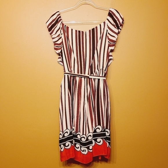 Anna Sui | Women's Mixed Print V-Neck Striped Mini Dress (Size Large) - Picture 14 of 14
